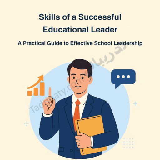 Illustration representing Skills of a Successful Educational Leader, showing a confident school leader holding a folder and pointing upward, symbolizing effective school leadership, strategic thinking, communication, and professional growth.