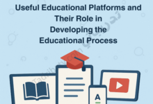 Introductory design for an article on useful educational platforms and their role in developing the educational process, featuring icons for e-learning, digital content, and online education tools.