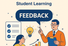 Introductory illustration for an article on using feedback to improve student learning, showing a teacher giving constructive feedback to a student with progress indicators and learning goals.