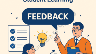 Introductory illustration for an article on using feedback to improve student learning, showing a teacher giving constructive feedback to a student with progress indicators and learning goals.