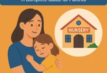 Illustration for the guide to private nurseries in Qatar, showing a mother hugging her daughter beside a nursery building, with the guide title and Tadribaty logo.