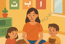 تصميم تعريفي لمقال دليل الروضات الخاصة في قطر، يوضح معلمة تجلس مع أطفال في بيئة تعليمية آمنة، مع رموز تعبر عن التعليم المبكر ومعلومات تهم أولياء الأمور.