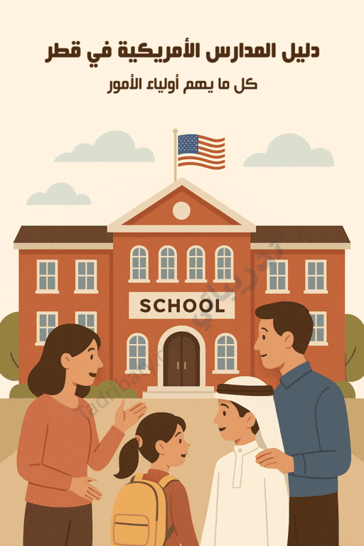 تصميم تعريفي لمقال دليل المدارس الأمريكية في قطر، يوضح أسرة مع أطفال أمام مبنى مدرسة يرفع العلم الأمريكي، للتعبير عن التعليم الأمريكي ومعلومات تهم أولياء الأمور.