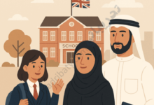 تصميم تعريفي لمقال دليل المدارس البريطانية في قطر يظهر أسرة تناقش اختيار مدرسة بريطانية لطفلتهم أمام مبنى مدرسة تحمل العلم البريطاني
