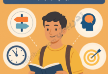 تصميم تعريفي لمقال مهارات حياتية يجب أن يتعلمها كل طالب، يوضح طالبًا يقرأ كتابًا مع رموز تمثل إدارة الوقت واتخاذ القرار والتفكير والتخطيط لتحقيق الأهداف.