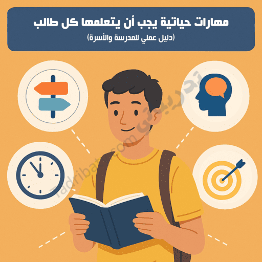 تصميم تعريفي لمقال مهارات حياتية يجب أن يتعلمها كل طالب، يوضح طالبًا يقرأ كتابًا مع رموز تمثل إدارة الوقت واتخاذ القرار والتفكير والتخطيط لتحقيق الأهداف.