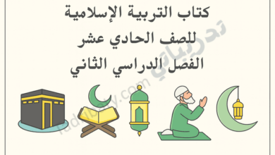 تصميم تعريفي لكتاب التربية الإسلامية للصف الحادي عشر الفصل الدراسي الثاني وفق المنهج القطري، مع رموز إسلامية تعليمية.