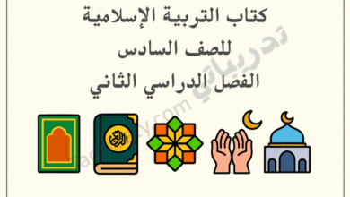 تصميم تعريفي لكتاب التربية الإسلامية للصف السادس الفصل الدراسي الثاني وفق المنهج القطري، مع رموز إسلامية تعليمية.