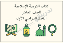 تصميم تعريفي لكتاب التربية الإسلامية للصف العاشر الفصل الدراسي الأول وفق المنهج القطري، مع رموز إسلامية تعليمية.