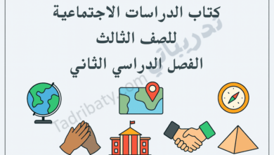 تصميم تعريفي لكتاب الدراسات الاجتماعية للصف الثالث – الفصل الدراسي الثاني وفق المنهج القطري، يتضمن رموزًا تعليمية مثل الكرة الأرضية والخريطة والمباني والمعالم الجغرافية.