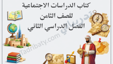 تصميم تعريفي لكتاب الدراسات الاجتماعية للصف الثامن الفصل الدراسي الثاني وفق المنهج القطري.