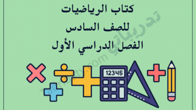 تصميم تعريفي لكتاب الرياضيات للصف السادس الفصل الدراسي الأول وفق المنهج القطري، مع رموز رياضية تعليمية.