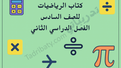 تصميم تعريفي لكتاب الرياضيات للصف السادس الفصل الدراسي الثاني وفق المنهج القطري، مع رموز رياضية تعليمية.