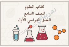 تصميم تعريفي لكتاب العلوم للصف السابع الفصل الدراسي الأول وفق المنهج القطري، مع رموز علمية تعليمية.