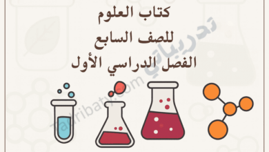 تصميم تعريفي لكتاب العلوم للصف السابع الفصل الدراسي الأول وفق المنهج القطري، مع رموز علمية تعليمية.