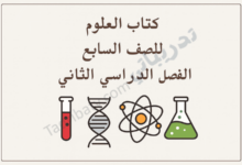 تصميم تعريفي لكتاب العلوم للصف السابع الفصل الدراسي الثاني وفق المنهج القطري، مع رموز علمية تعليمية.