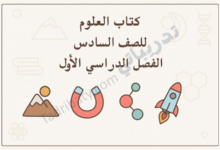 تصميم تعريفي لكتاب العلوم للصف السادس الفصل الدراسي الأول وفق المنهج القطري، مع رموز علمية تعليمية.