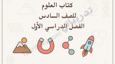 تصميم تعريفي لكتاب العلوم للصف السادس الفصل الدراسي الأول وفق المنهج القطري، مع رموز علمية تعليمية.
