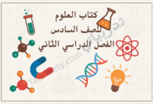 تصميم تعريفي لكتاب العلوم للصف السادس الفصل الدراسي الثاني وفق المنهج القطري، مع رموز علمية تعليمية.