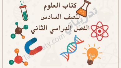 تصميم تعريفي لكتاب العلوم للصف السادس الفصل الدراسي الثاني وفق المنهج القطري، مع رموز علمية تعليمية.