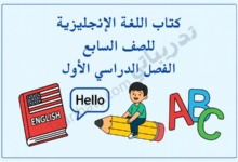 تصميم تعريفي لكتاب اللغة الإنجليزية للصف السابع الفصل الدراسي الأول وفق المنهج القطري، مع رموز تعليمية مرتبطة باللغة.