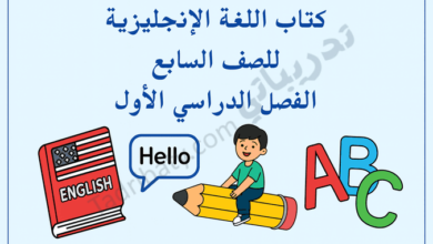 تصميم تعريفي لكتاب اللغة الإنجليزية للصف السابع الفصل الدراسي الأول وفق المنهج القطري، مع رموز تعليمية مرتبطة باللغة.