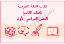 تصميم تعريفي لكتاب اللغة العربية للصف التاسع الفصل الدراسي الأول وفق المنهج القطري، مع رموز تعليمية مرتبطة باللغة.