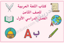 تصميم تعريفي لكتاب اللغة العربية للصف الثامن الفصل الدراسي الأول وفق المنهج القطري، مع رموز تعليمية مرتبطة باللغة.