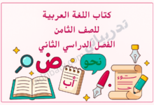 تصميم تعريفي لكتاب اللغة العربية للصف الثامن الفصل الدراسي الثاني وفق المنهج القطري، مع رموز تعليمية مرتبطة باللغة.