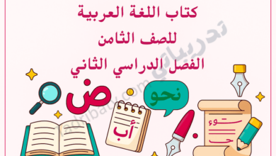 تصميم تعريفي لكتاب اللغة العربية للصف الثامن الفصل الدراسي الثاني وفق المنهج القطري، مع رموز تعليمية مرتبطة باللغة.