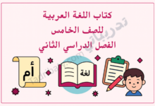 تصميم تعريفي لكتاب اللغة العربية للصف الخامس الفصل الدراسي الثاني وفق المنهج القطري، مع رموز تعليمية مرتبطة باللغة.