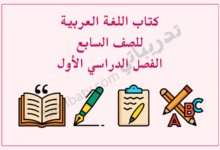 تصميم تعريفي لكتاب اللغة العربية للصف السابع الفصل الدراسي الأول وفق المنهج القطري، مع رموز تعليمية مرتبطة باللغة.
