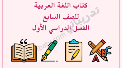 تصميم تعريفي لكتاب اللغة العربية للصف السابع الفصل الدراسي الأول وفق المنهج القطري، مع رموز تعليمية مرتبطة باللغة.