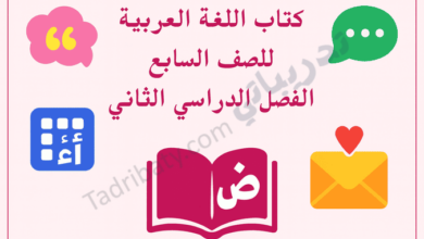 تصميم تعريفي لكتاب اللغة العربية للصف السابع الفصل الدراسي الثاني وفق المنهج القطري، مع رموز تعليمية مرتبطة باللغة.