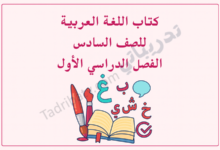 تصميم تعريفي لكتاب اللغة العربية للصف السادس الفصل الدراسي الأول وفق المنهج القطري، مع رموز تعليمية مرتبطة باللغة.