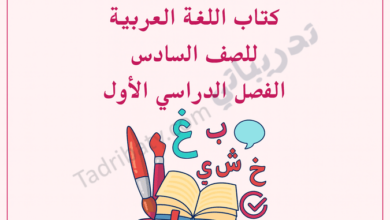 تصميم تعريفي لكتاب اللغة العربية للصف السادس الفصل الدراسي الأول وفق المنهج القطري، مع رموز تعليمية مرتبطة باللغة.