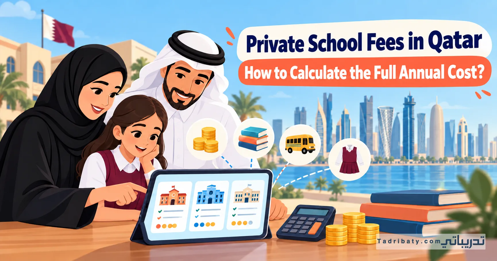 Illustration of a family in Qatar comparing private school fees, with icons for tuition, books, transport, and uniforms and the title “Private School Fees in Qatar.”