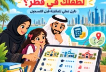 رسم توضيحي لأسرة في قطر تقارن بين ثلاث مدارس لطفلتها، مع رموز للرسوم الدراسية والمسافة، وعنوان «كيف تختار مدرسة خاصة لطفلك في قطر؟»