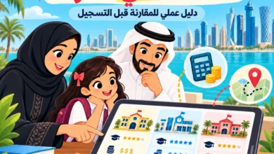 رسم توضيحي لأسرة في قطر تقارن بين ثلاث مدارس لطفلتها، مع رموز للرسوم الدراسية والمسافة، وعنوان «كيف تختار مدرسة خاصة لطفلك في قطر؟»