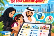 Illustration of a family in Qatar comparing private schools for their child, with symbols for tuition fees and travel distance.