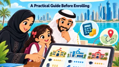 Illustration of a family in Qatar comparing private schools for their child, with symbols for tuition fees and travel distance.