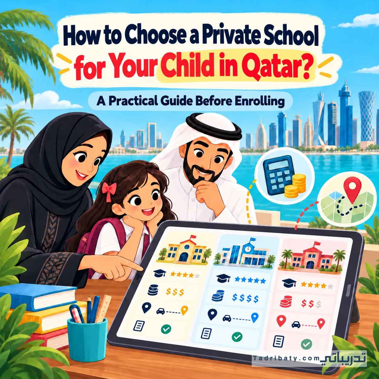 Illustration of a family in Qatar comparing private schools for their child, with symbols for tuition fees and travel distance.