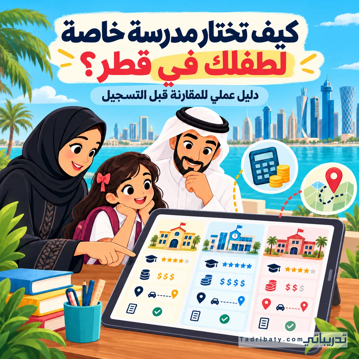 رسم توضيحي لأسرة في قطر تقارن بين ثلاث مدارس لطفلتها، مع رموز للرسوم الدراسية والمسافة، وعنوان «كيف تختار مدرسة خاصة لطفلك في قطر؟»