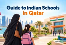 A mother and daughter facing an Indian school in Qatar, with the Qatari and Indian flags, CBSE books, and the title “Guide to Indian Schools in Qatar.”