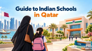 A mother and daughter facing an Indian school in Qatar, with the Qatari and Indian flags, CBSE books, and the title “Guide to Indian Schools in Qatar.”