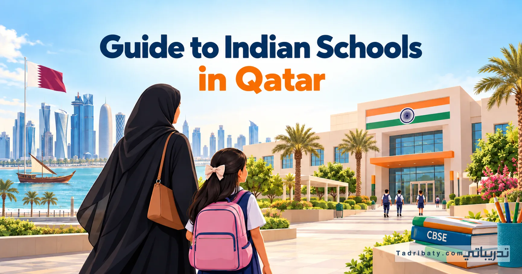 A mother and daughter facing an Indian school in Qatar, with the Qatari and Indian flags, CBSE books, and the title “Guide to Indian Schools in Qatar.”