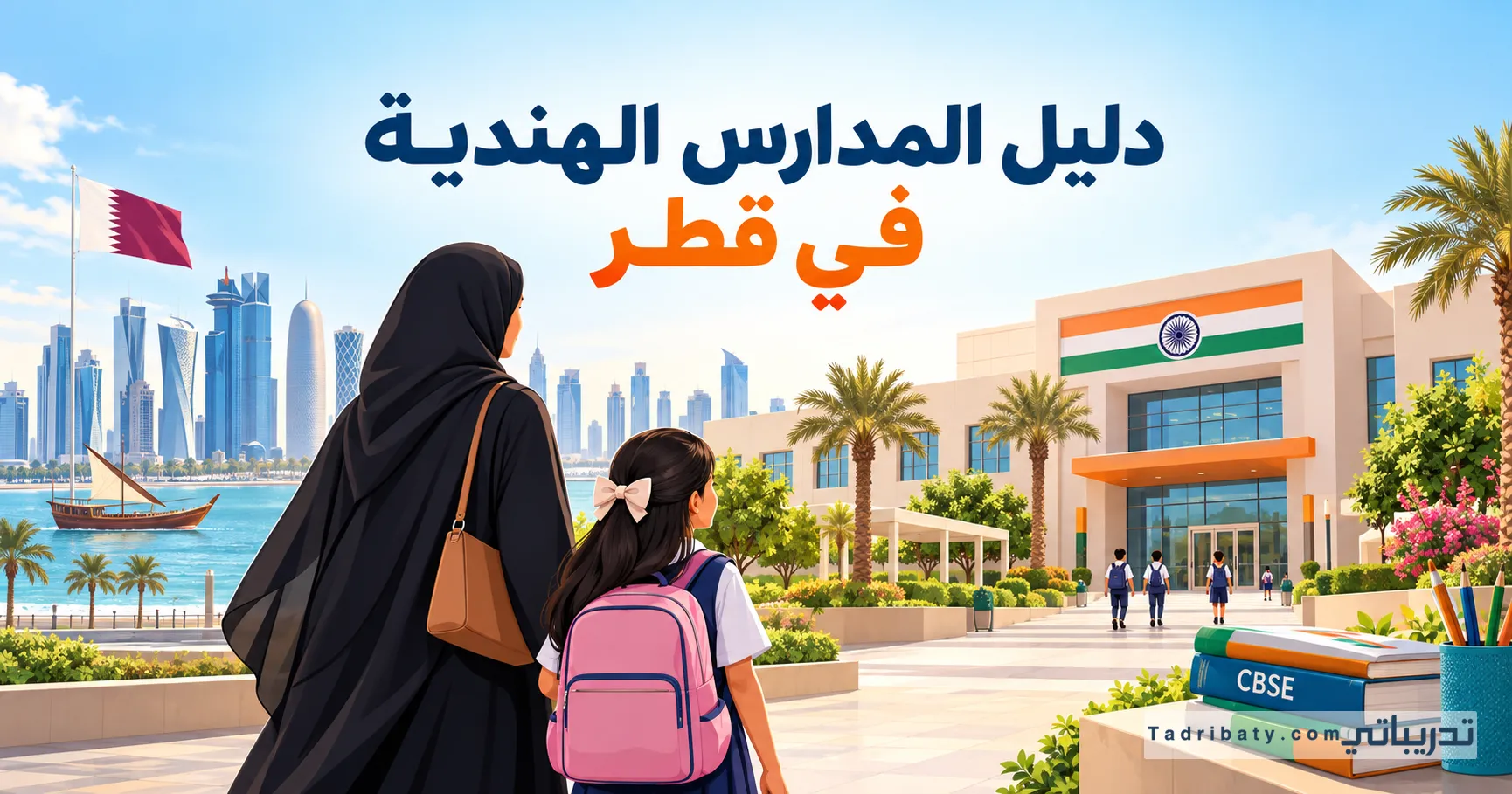 رسم توضيحي لأم وابنتها أمام مدرسة هندية في قطر، مع علمَي قطر والهند وكتب منهج CBSE، وعنوان «دليل المدارس الهندية في قطر».